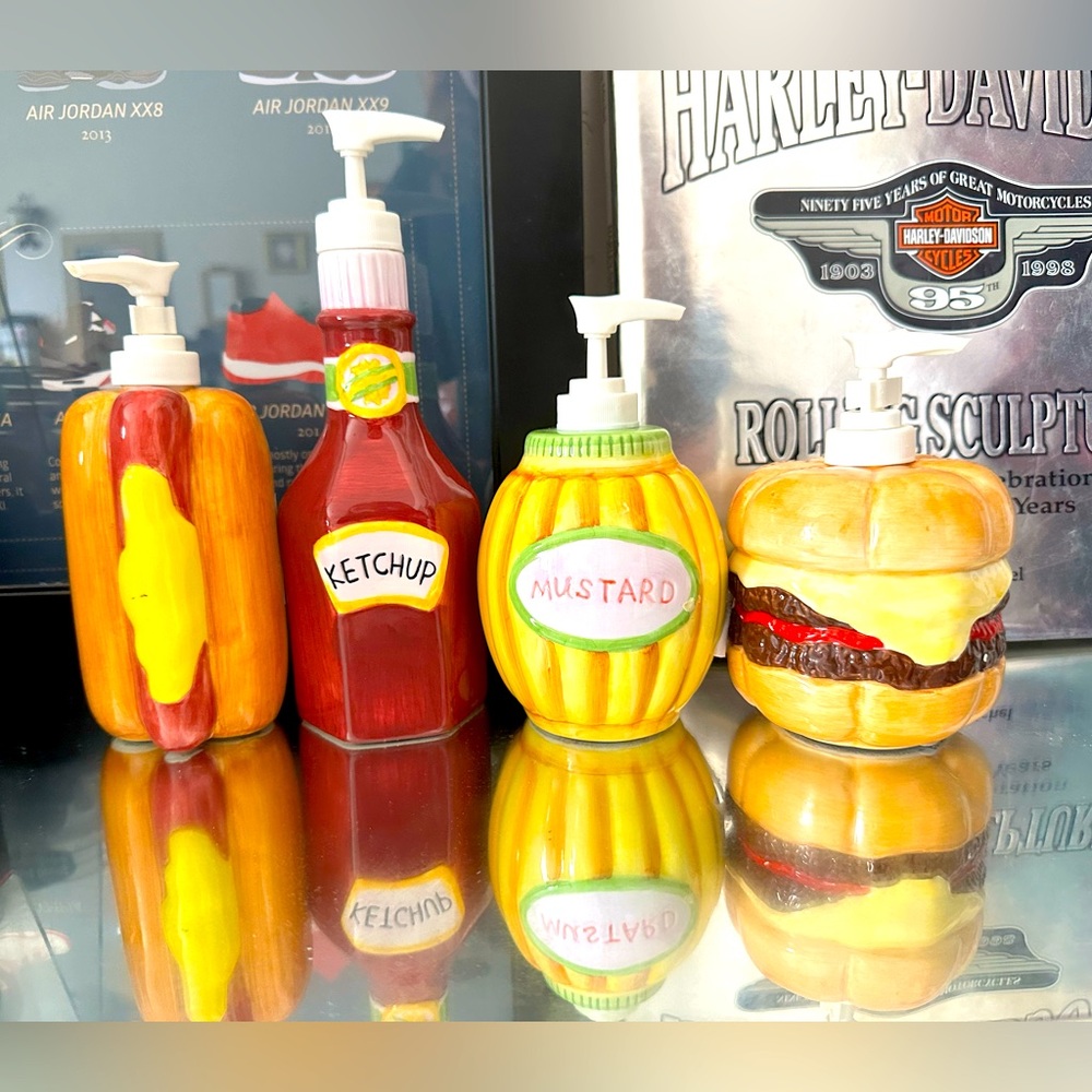 Bar B Q Time by Matt Maguire Ceramic Dispensers-Mustard/Kethcup/Hotdog/Hamburger